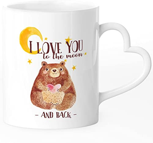 SpecialMe® Tasse mit Herz-Henkel Spruch I love you to the moon and back und Bären Motiv Geschenk-Idee Valentinstag Liebe Freund/Freundin/Partner weiß Herz-Tasse
