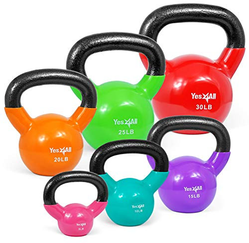 Yes4All Kugelhantel, Vinylbeschichtetes Gusseisen, Kugelhantel-Sets 5, 10, 15, 20, 25 und 13,6 kg, für Gewichtsübungen, Ganzkörpertraining, Liegestütz, Griffkraft und Krafttraining, mehrfarbig
