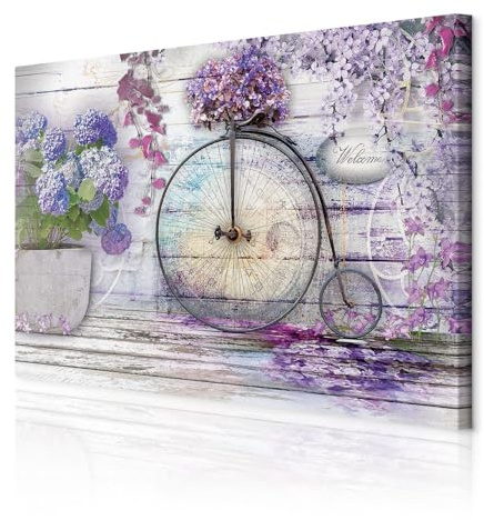 decomonkey Wandbilder Blumen 60x40 cm 1 Teilig Leinwandbilder Kunstdruck | Strukturleinwand, Holzkeilrahmen, Bild auf Leinwand, Wanddeko, Wohnzimmer, Wanddekoration, Fahrrad, Holz