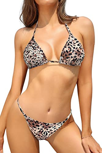 SHEKINI Costume da Bagno Due Pezzi Donna con Lacci Imbottito Halter Bikini Set Triangolo Vita Bassa Brasiliano Perizoma Bikini da Spiaggia(XS, Leopardo)