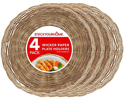 Stock Your Home 10-Inch Bamboo Paper Plate Holder (4 Count) - Heavy Duty Wicker Reusable Natural Charger Plates