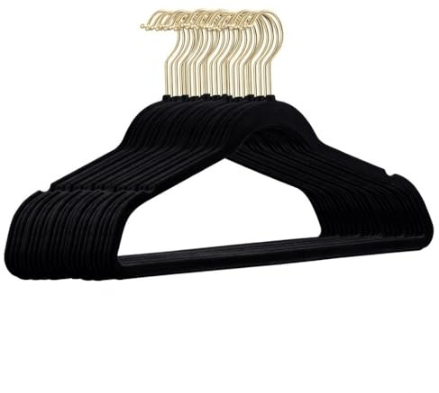 25 Stück hochwertige Samt Kleiderbügel in der Farbe Schwarz mit Gold Look Haken/Anti-Rutsch/von StickandShine