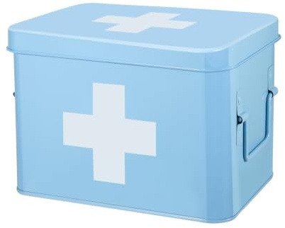 Flexzion Erste-Hilfe-Kasten-Organizer, leer, 21,6 cm, blau, Vintage-Verbandskasten, Zinn-Metall, medizinische Box, Erste-Hilfe-Aufbewahrungsbox, Behälter mit Trennwänden, herausnehmbarem Tablett und