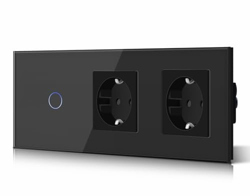 BSEED Touch Lichtschalter mit Stekdose aus Glas, Modern Schlater und Wandsteckdosen, KEIN WLAN, 1 Fach 1 Weg + Doppelt Steckdosen, 228mm Schwarz