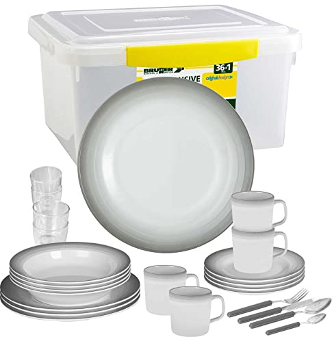 Brunner: Camping-Geschirr-Set Melamin | 36-Teilig - Teller, Gläser, Besteck & Becher für 2-4 Personen | All Inclusive ASTRALYS - Bruchfest, Leicht
