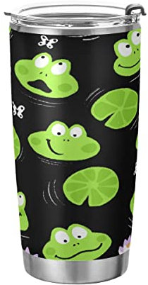JUMBEAR Bicchiere con coperchio e cannuccia, 600 ml, con rane verdi, in acciaio inox, isolato sotto vuoto, per acqua e caffè, a prova di fuoriuscite, tazza termica per bevande calde e fredde