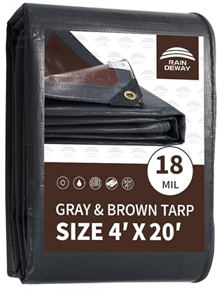 RAINDEWAY 4x20 Feet Super Heavy Duty Tarp 18 Mil, UV Resistant, Weatherproof, Multipurpose Waterproof Poly Tarp with Grommets and Reinforced Edges, Brown/Gray Tarps