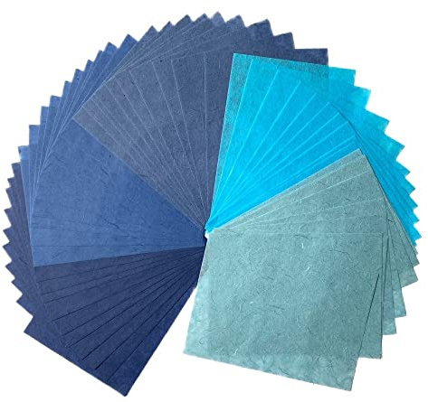 50 hojas A4 de fibra natural, hojas de papel de morera, papel de morera, papel washi, diseño de manualidades, origami, proveedores de tarjetas, manualidades (tono azul, A4)