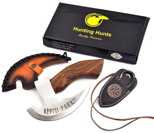 Handmade Viking Pizza Cutter – Carbon Steel Axe Blade with Rosewood Handle & Leather Sheath – Small Kitchen Knife for Pizza, Cooking, Camping & Gift for Food Lovers
