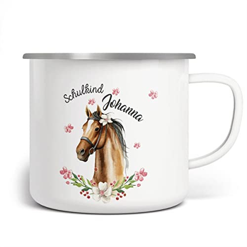miKalino Emaille Tasse Schulkind braunes Pferd mit Blumenranke und mit Wunschname personalisierte Kindertasse mit Namen bedruckt Emaille Becher Emailletasse Geschenk, Farbe:weisssilber, Grösse:300ml