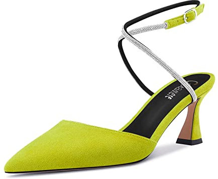 Castamere Mujer Aguja Medio Heel Correa Cruzada Diamante Cristal Puntiaguada Punta 6.5 CM Heels Verde Lima Ante 35 EU