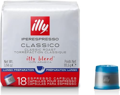 illy Coffee iperEspresso Capsules - Single-Serve Coffee Capsules & Pods - Single Origin Coffee Pods – Classico Lungo Medium Roast with Notes of Caramel - For iperEspresso Capsule Machines – 18 Count