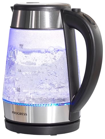 Progress EK5553P Illumi Glass Kettle – Electric Kettle with 1.7 L Capacity, BPA-Free, Boil-Dry Sensor, Auto-Shut Off, Anti Limescale Filter, 360° Swivel Base, Otter Controller, Blue LED Lights, 2200W