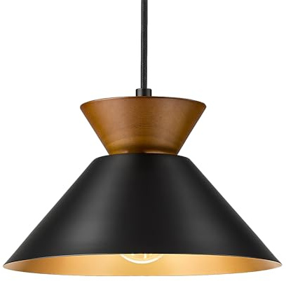 ELYONA Modern Pendant Light Kitchen Island, 10 Solid Wood Hanging Lamp with Matte Black Metal Shade & Gold Inner Finish, Farmhouse Pendant Light Fixtures for Dining Room Bedroom Living Room Hallway