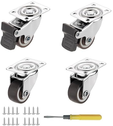 1.25 Zoll Lenkrollen mit Lagerplatte, Klein Rutschfeste Gummirollen Rollen für Möbel und Werkbankwagen, 4er-Set, 2 mit Bremsen und 2 ohne 360° Drehbar, mit Schrauben