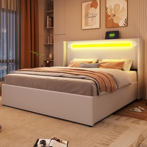 Bett 160x200 mit LED und USB und Bluetooth-Player, Polsterbett 160x200 mit Stauraum und Kopfteil, Doppelbett mit Lattenrost und Bettkasten, Jugendbett Stauraumbett mit PU-Leder Bettgestell Weiß