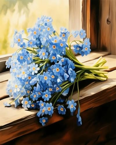 PIPISKY Malen-nach-Zahlen-Sets für Erwachsene,Vergissmeinnicht liegt auf einem Holztisch,Künstlerische Reise: Von Zahlen zur ölgemalten Eleganz,40x50cm,Ohne Rahmen