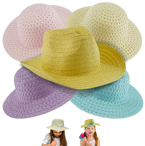HOVUK 5Pcs Easter Bonnet Hats, Hat Summer Beach Hats for Easter Arts & Crafts, One Size for Kids, Boys, Girls, Adults, Easters Bonnet Tea Party Travel Gift Assorted Colours Straw Hats