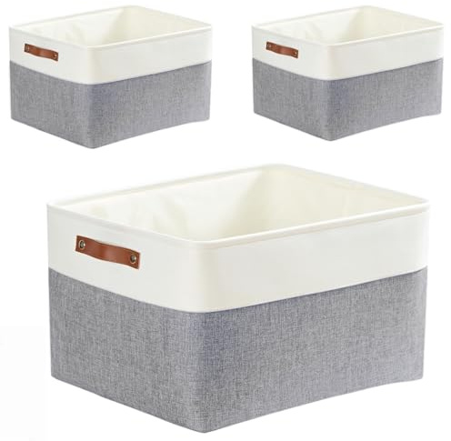 Mangata Aufbewahrungskorb Stoff 3 Stück, Aufbewahrungsbox Groß Schrank, Korb Aufbewahrung Stoff mit Leder-Tragegriff für Spielzeug, Kleiderschrank, Regale, Kleidung(L, Grau Weiß)