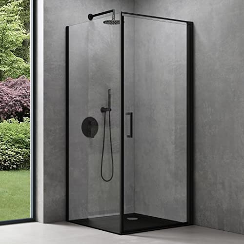 doporro Eck-Duschkabine 75x90x195cm Eckdusche 8mm ESG-Sicherheitsglas | Aluminium in Schwarz | Hebe- und Senkmechanismus | Klarglas mit beidseitiger Easy-Clean-Beschichtung | Ravenna36K-Plus