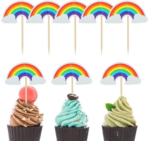 COMNICO 24 Stück Regenbogen Form Cupcake Topper Picks Mottoparty Kuchen Dekor Geburtstag DIY Niedliches Dessert-Dekorationszubehör für Mädchen, Jungen, Babyparty, Geburtstagsfeier Hochzeit Dekoration