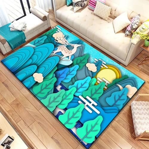 3D Gedruckt Bettvorleger Rutschfeste Area Teppich, Elch Waldtier Hirsch Cartoon-Zeichnung 3D Optische Illusion Teppiche Weich Flanell Bodenteppich Wohnzimmer Schlafzimmer Throw Runner Teppiche Lo -0Y1