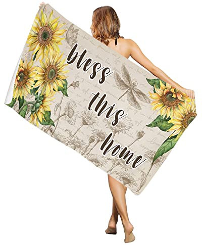 Badetuch Sonnenblumen Auf Retro Brief Bless This Home Fitnesshandtuch Weich Duschtücher Damen Mikrofaser Handtücher, Für Schwimmbad, Schwimmen, Reise, 80x130cm