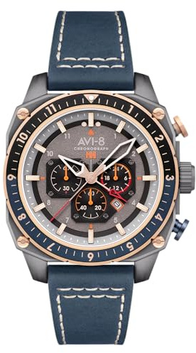 AVI-8 Montre Hawker Hunter pour pilotes hommes – Atlas Dual Time Chronograph, mouvement à quartz japonais, boîtier en acier inoxydable de 43 mm, bracelet en cuir – AV-4100, anthracite, lanière
