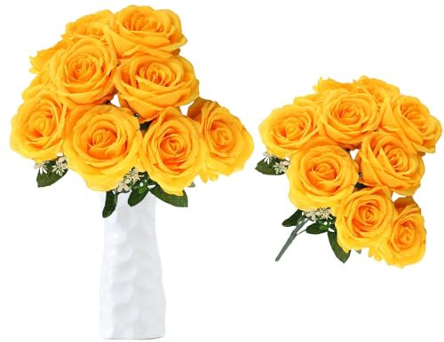 astylishome Faux Flowers that Look Real 10 Pcs Artificial Roses Realistic with Long Stem Flower Fake Rose Bridal Bouquet for Wedding Home Party Hotel Garden Decoration Yellow 1210
