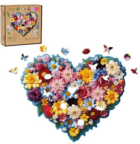 Milliwood Holzpuzzle für die ganze Familie - Serie Celebrating - Holzpuzzle mit künstlerischer Grafik - Einzigartiges Design - Floral Heart - 23.5x19.5cm - 100 Teile - 8 Spezialteile