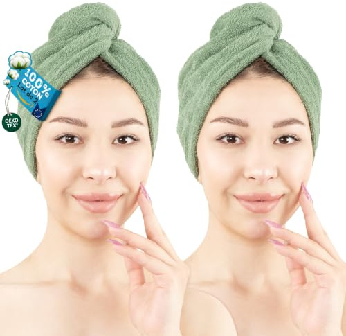 Hammetex Haarturban 2er Set mit Knopf, Haarhandtuch 100% Baumwolle | OEKO-TEX zertifiziert, saugstark, trocknet das Haar schnell, für lange & lockige Haare, sanft zur Kopfhaut, fürs Badezimmer