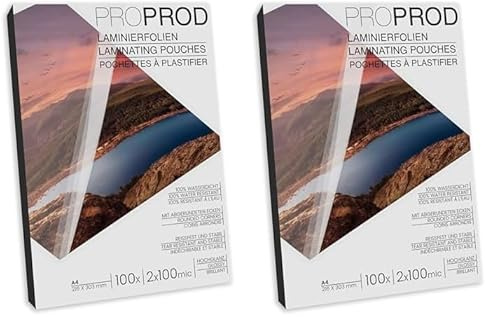ProProd Premium Laminierfolien, 100 Stück, A4, 2 x 100 Mikrometer (200mic), hochglanz, Die Verpackung kann variieren (Packung mit 2)