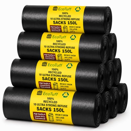 Black Bin Bags Heavy Duty 150L, EcoTuf 100 Pack Black Sacks, Garden Waste Bags, Wheelie Bin Liners, Large & Strong, 60Kg Resistant, Rubble Sacks, Refuse Sacks, 150 Litre Heavy Duty Bin Bags