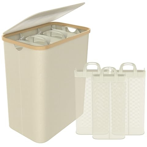 Aufun Wäschekorb 3 Fächer mit Deckel 140L zur einfachen Trennung Wäschesack | Wäscheboxen Wäschetonne Wäschesortierer mit Griffen Laundry Baskets Wäscheschrank für Waschküche, Schlafzimmer (Beige)