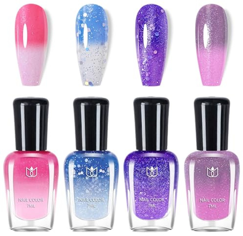 DMQ Temperature Colour Changing Nail Polish Set, 4Pcs Colorful Glitter Nail Varnish Sets - Quick Drying Long-Lasting Mood Chameleon Colour Nail Gel for Women Home DIY Nail Art - No Need UV Lamp