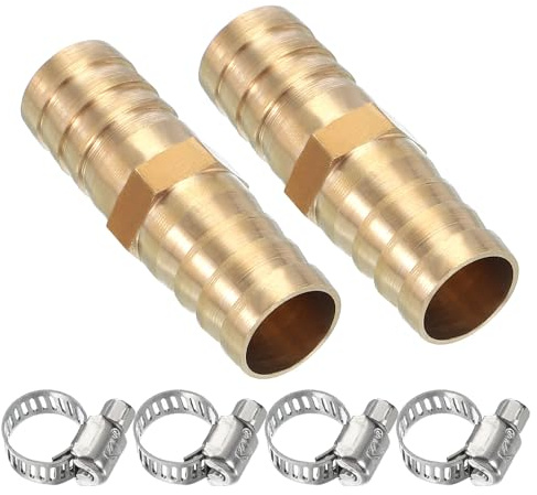 PATIKIL 5/8 Brass Hose Barb Fitting,2 Set Barb Union Fittings Metals Splicer Mender Connector Barbed Adapter Air Hose Repair Kit with Hose Clamp for Water Oil Fuel Gas