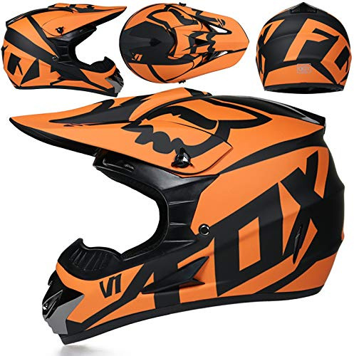 Casco Moto Per Ragazzi Casco Motocross Bambini Caschi Cross Per Adulti Uomo Casco Moto ATV Casco Integrale Enduro MTB Certificato DOT/ECE Con Occhiali Maschera Guanti Casco Da Discesa,Orange/A-L