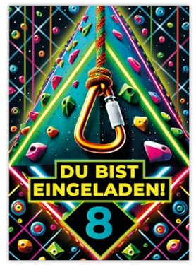 8 Einladungskarten zum 8. Kindergeburtstag Mädchen Jungen Klettern Kletterpark coole bunte Einladungen achte Geburtstag