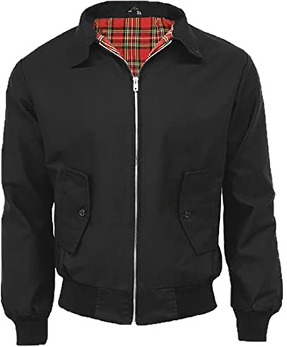 FASHION 7STAR Veste Harrington classique avec doublure tartan pour homme avec poignets et ourlet élastiques, manches longues, poches boutonnées, col zippé, Noir , M