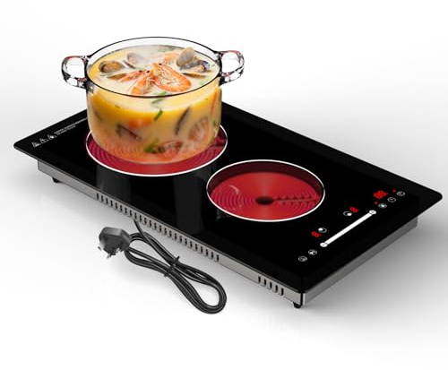 Nardea Ceramic Hob 2 Zone with Plug, Built-in Electric Hob 2 Burner 30cm, 2 Ring Ceramic Electric Hob with Silde Control, 9 Heating Level, Safety Lock, Timer