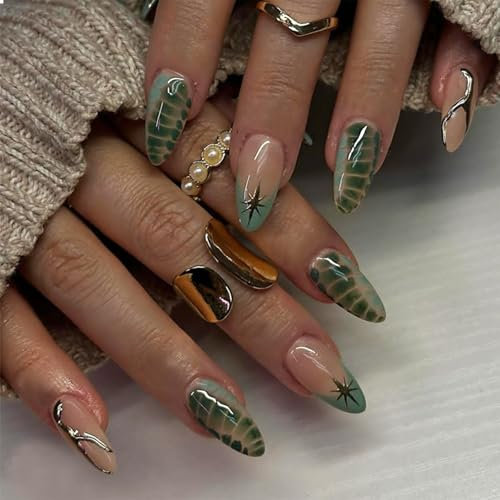 GlamRays 24 faux ongles à presser sur les ongles en forme d'amande moyenne Faux ongles verts ombré brillants en acrylique avec colle Stiletto ongles artificiels Pointe française Ongles en dentelle sur