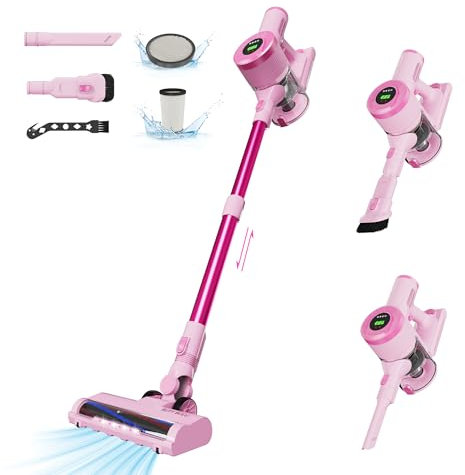 BUTY BULU Cordless Stick Vacuum Cleaner, 30KPa Handheld Rechargeable Battery Lightweight Small Pink Vac Electirc Broom, 40Mins Runtime for Home Hard Floor Carpet Pet Hair Cleaning, LED Screen