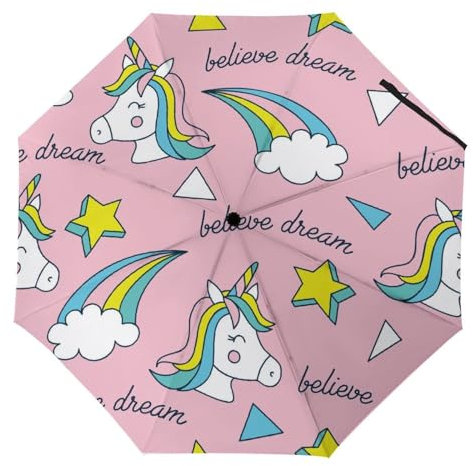 YBQLNP Automatischer Regenschirm Regenbogen Einhorn Taschenschirm Winddicht Sturmfest Für Herren Damen Teenager