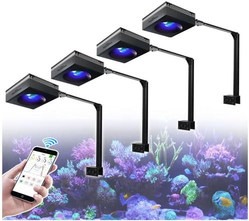 PopBloom RL90 WiFi Volles Spektrum Meerwasser Led Aquarium Beleuchtung, App Kontrolle Programm Salzwasser Riff Aquarium Beleuchtung für 180cm 72in Korallenriff SPS/LPS Tank (4 Lampe mit Arm-Bausatz)