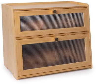 Rose and burlap Bamboo Bread Box 2 Tiered for Kitchen Counter-Large Capacity Wood Bread Basket Storage Container Bread Box with Window Bread Holder with Shelf Vitamin Bottle Storage