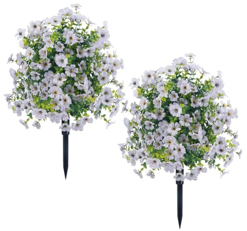 JOYWU 60cm Artificial Boxwood Topiary Ball Trees with Violet Flowers,UV Resistant Faux Plants Outdoor with Ground Spike,Lifelike Fake Shrubs Bushes for Porch Front Garden Home Decor (2, White)