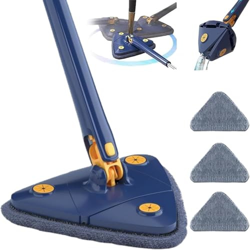 Upattend - Mopa triangular giratoria de 360° para paredes, suelos y techos, mango largo ajustable autoescurrido con 3 almohadillas de microfibra, limpieza en seco y húmedo (azul)