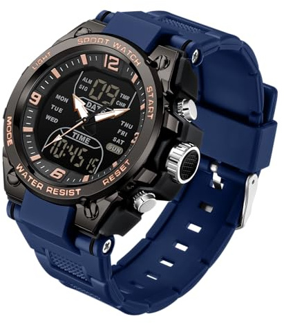 Reloj de pulsera digital para hombre, reloj deportivo, resistente al agua, con pantalla LED, manecillas analógicas y números digitales, negro azul, Correa