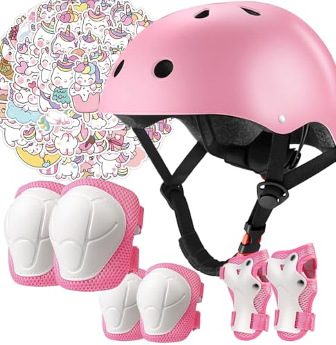 Kids Bike Helmet Pads with Knee Elbow Wrist Pads Guards,Toddler Adjustable Pink Helmet Girls Child with Unicorn Sticker Pink