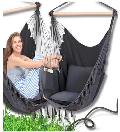 QLS Hängesessel 130x100 cm mit 2 Kissen bis 200 kg Boho Stil Grau | Bequeme Sitzfläche mit 2 Kissen und Seitentasche, ideal zum Entspannen, Lesen und Relaxen im Innen- und Außenbereich
